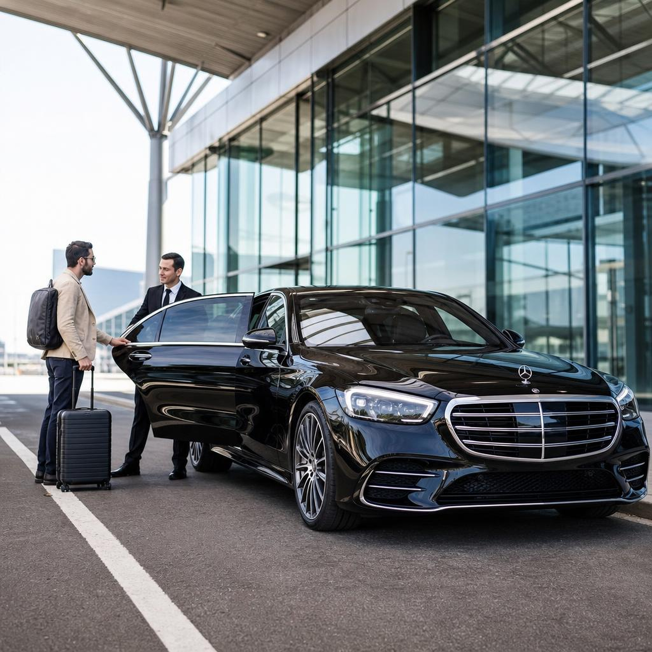 Traveler meeting a chauffeur beside a Mercedes-Benz S-Class at the airport terminal
