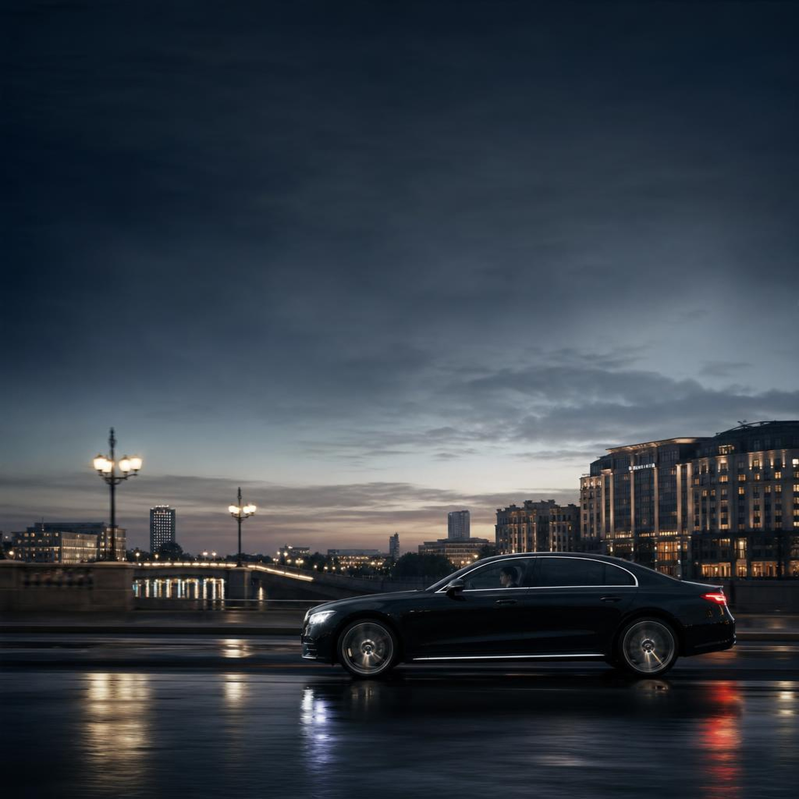 Private black car traveling through a city at blue hour