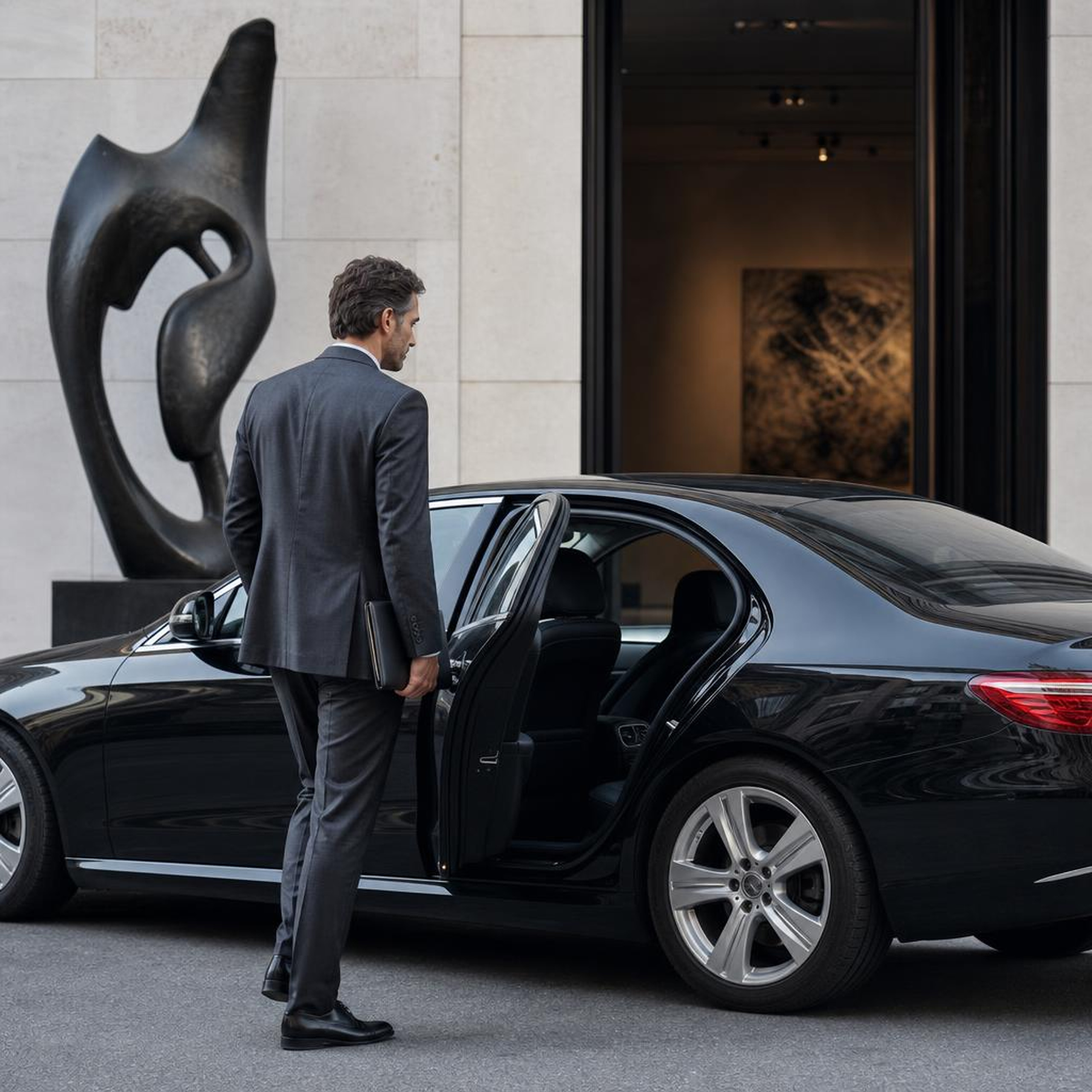 Traveler arriving at a gallery by private car