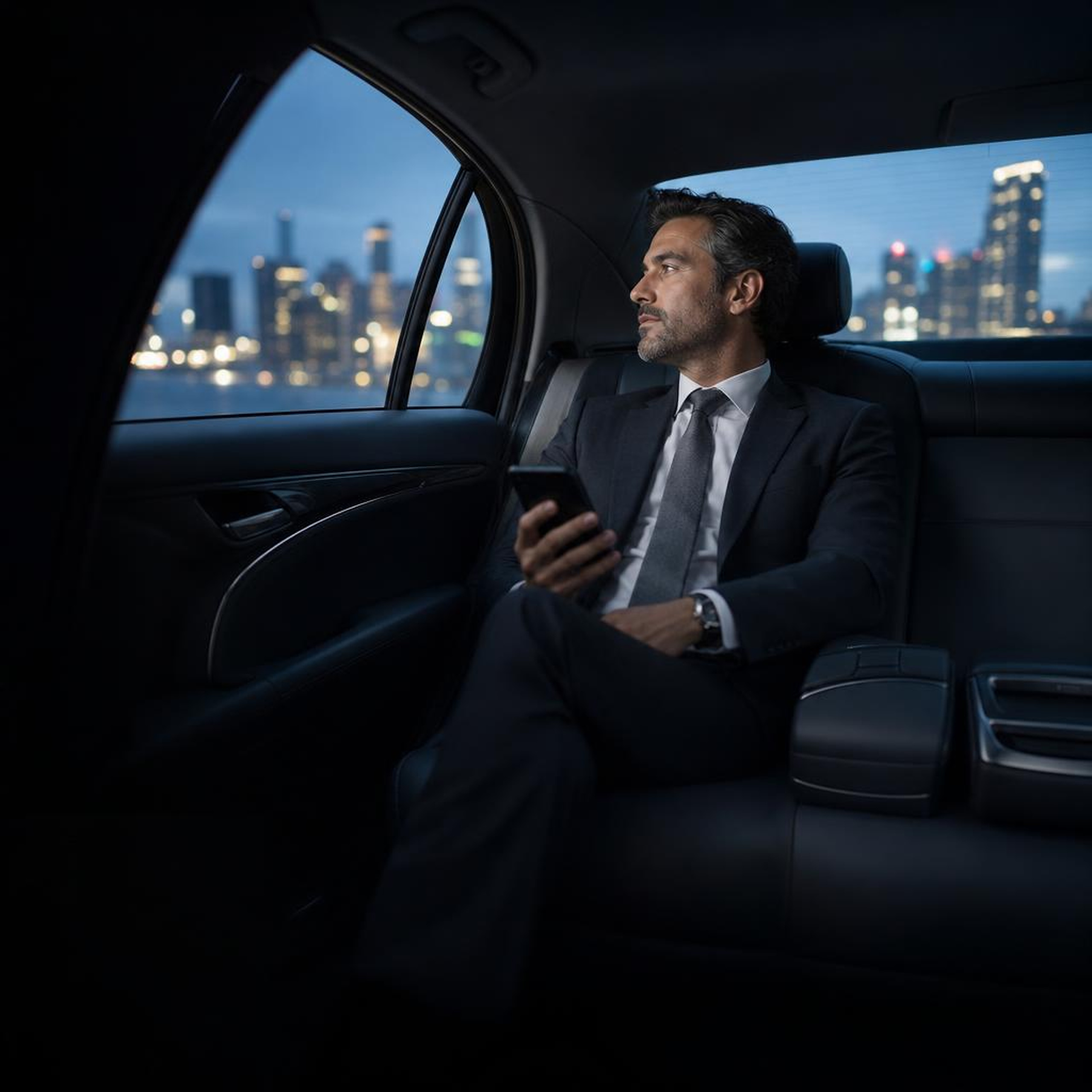 Passenger relaxing in the back seat during an evening ride