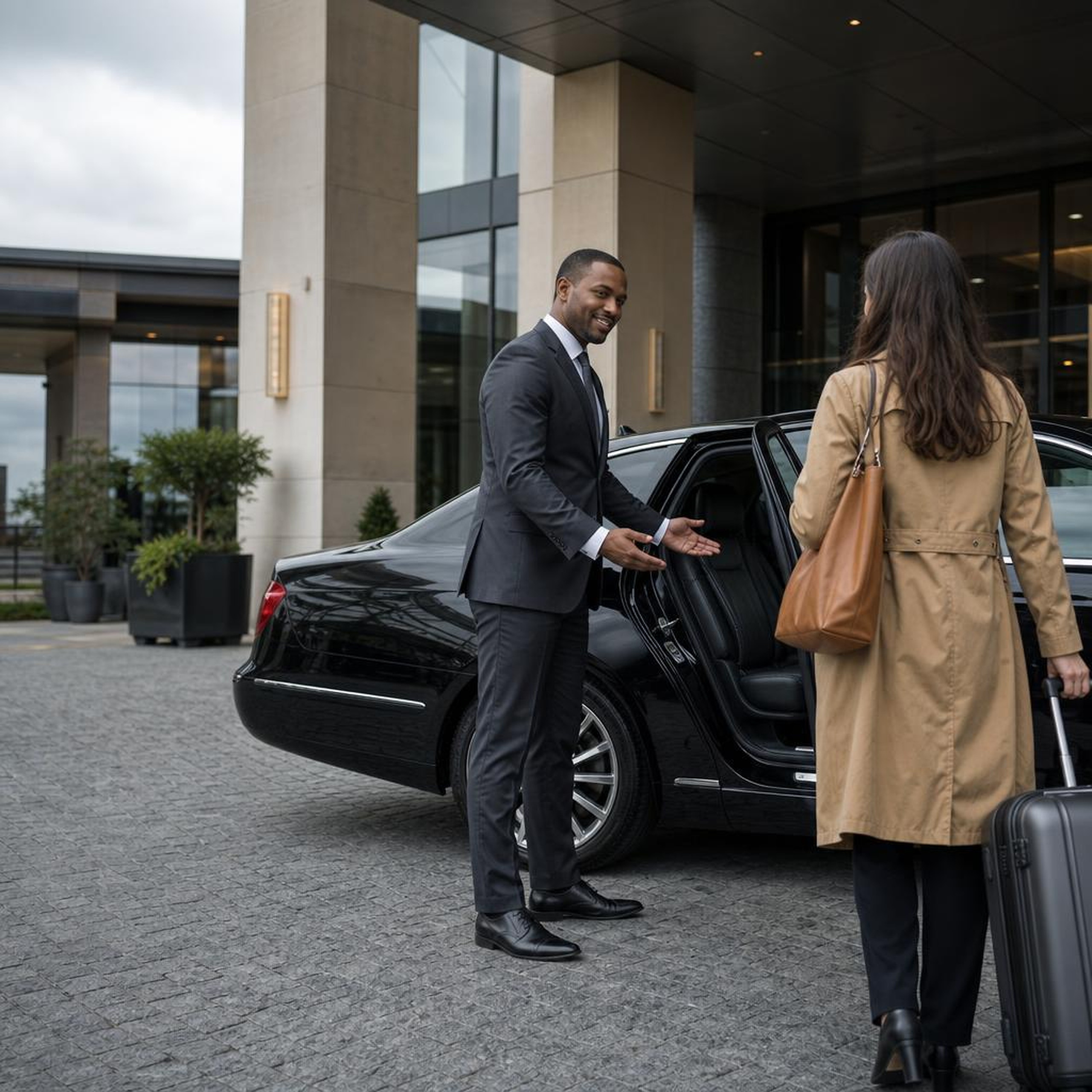 A chauffeur greeting a traveler beside the car